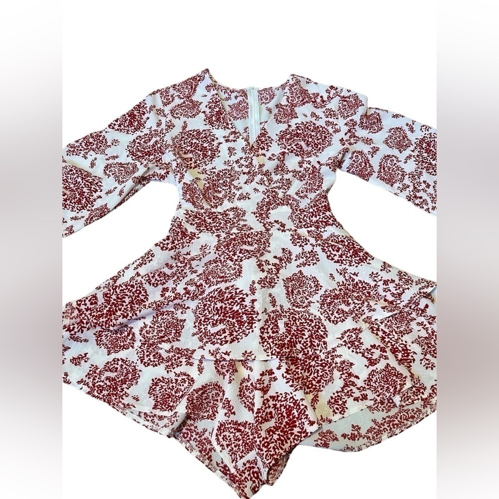 Shein Red & White Long Sleeve Romper V-Neck With Tie On The Back